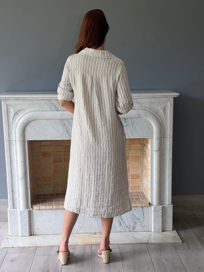 VESTIDO LINO RAYAS BEIGE 95L
