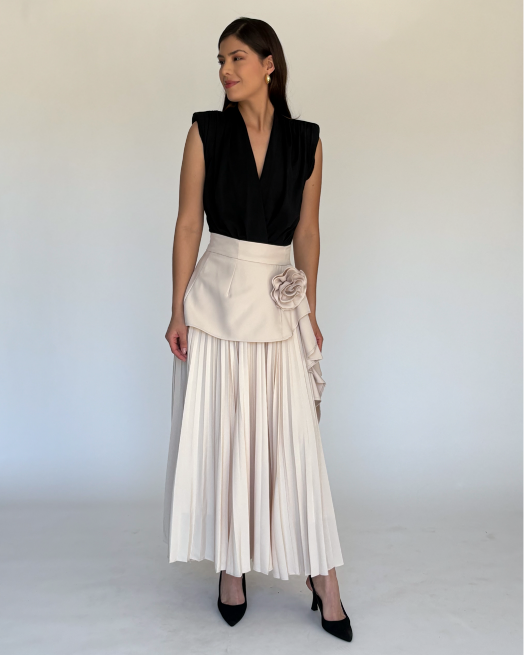 Falda Maxi Plisada Flor Ivory