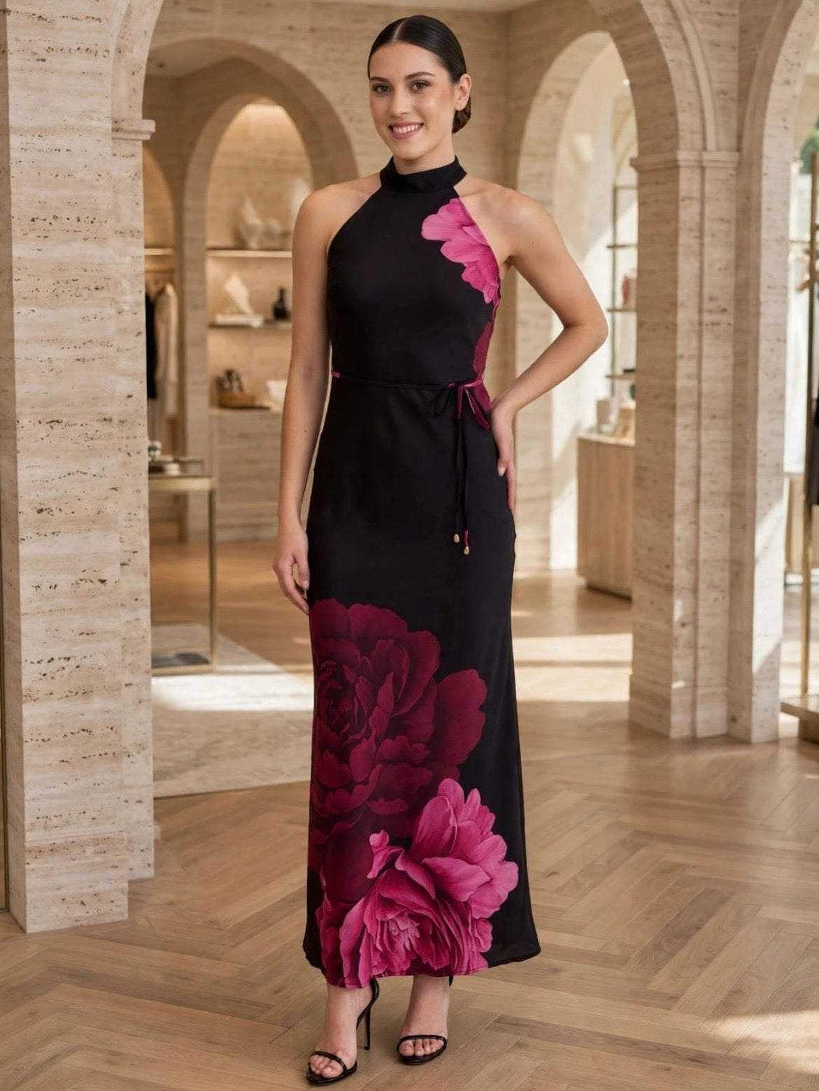 VESTIDO NEGRO CON FLOR 3864K