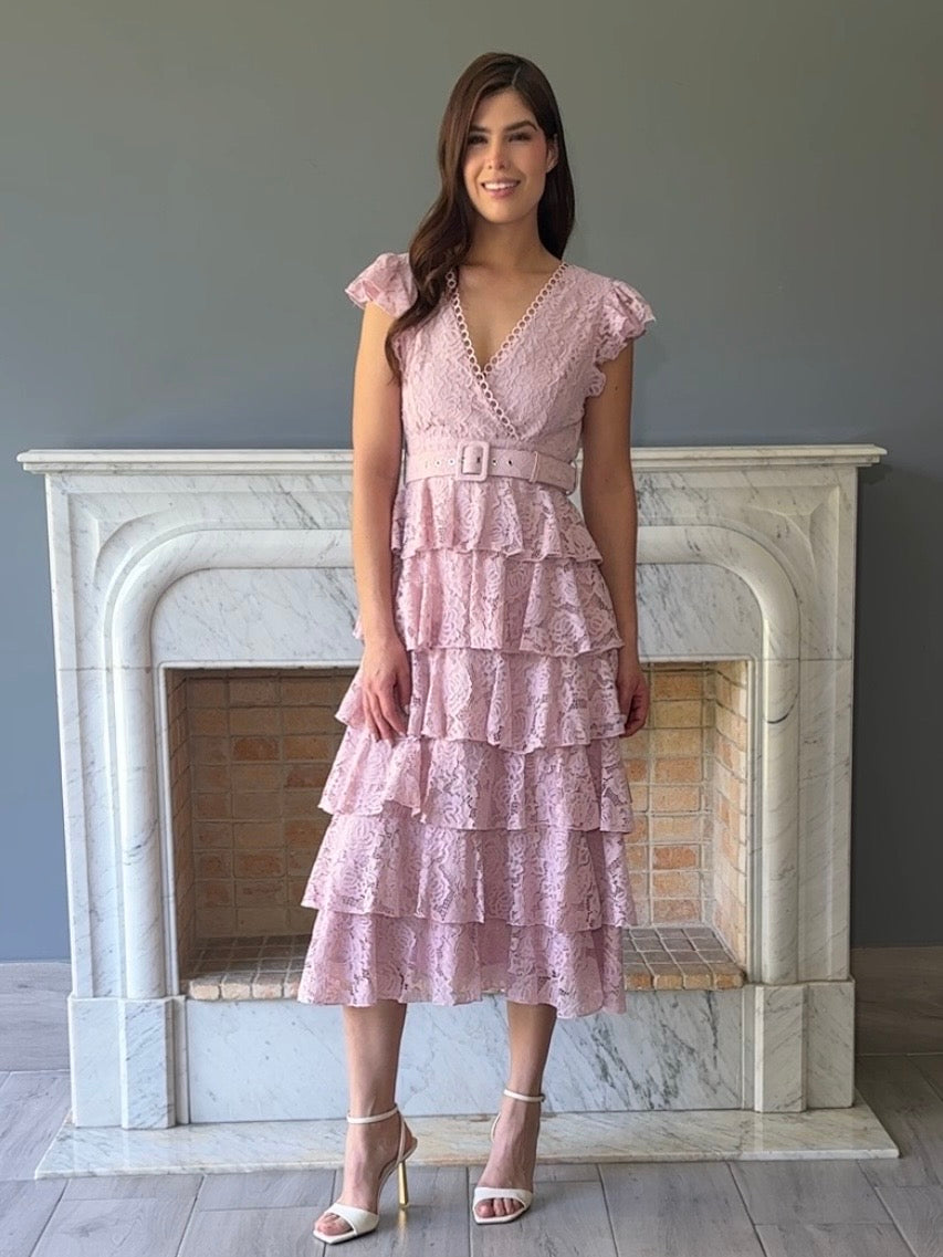 VESTIDO DE ENCAJE CON  CINTO D6016