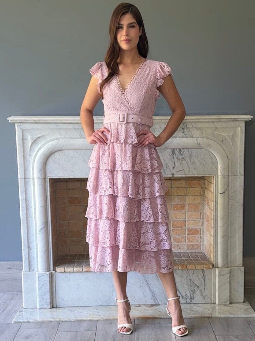 VESTIDO DE ENCAJE CON  CINTO D6016