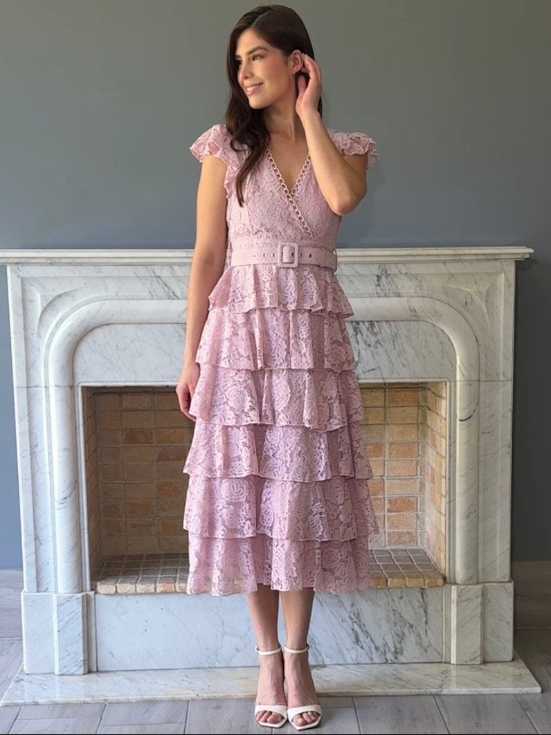 VESTIDO DE ENCAJE CON  CINTO D6016