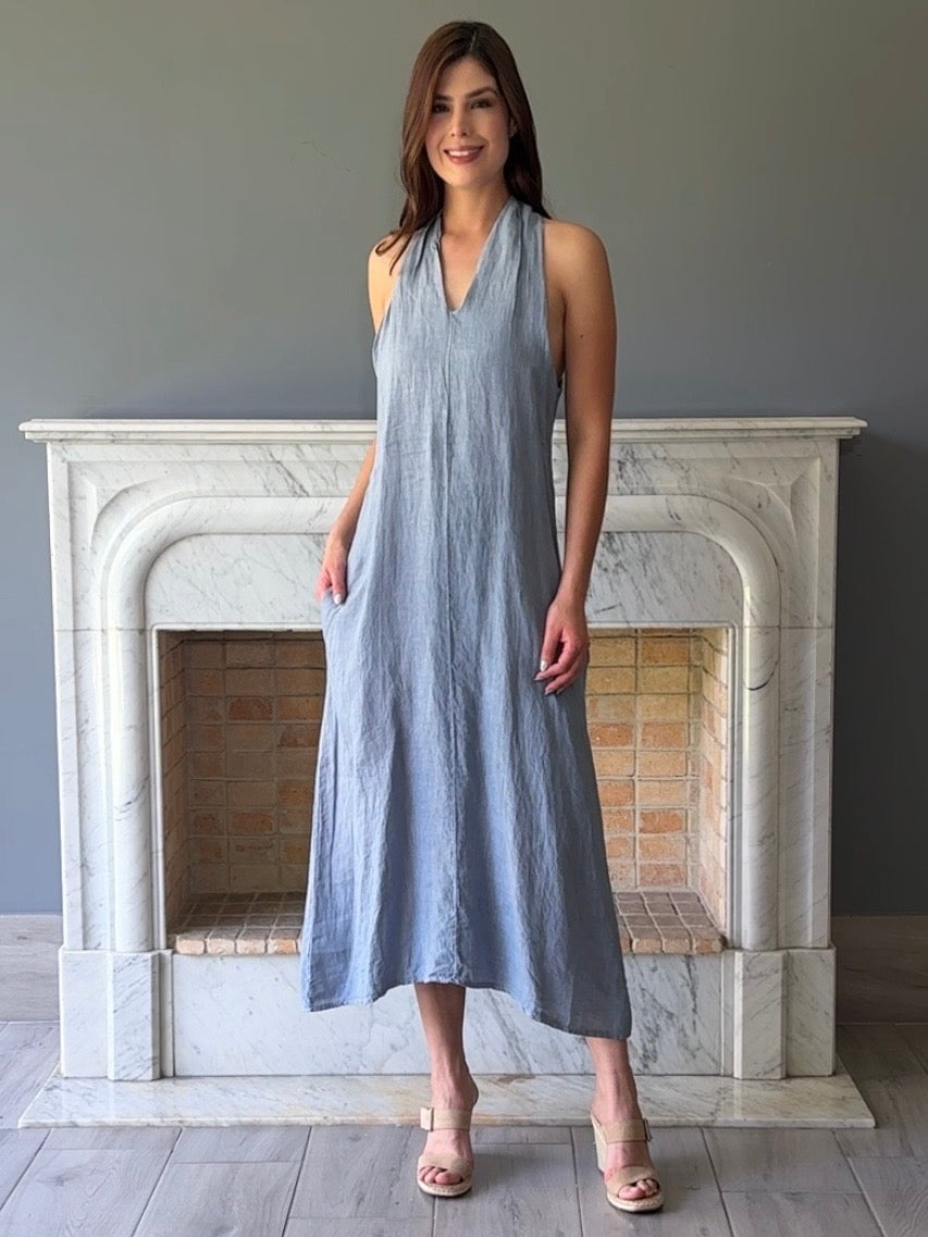 VESTIDO DE LINO LARGO AZUL 5217
