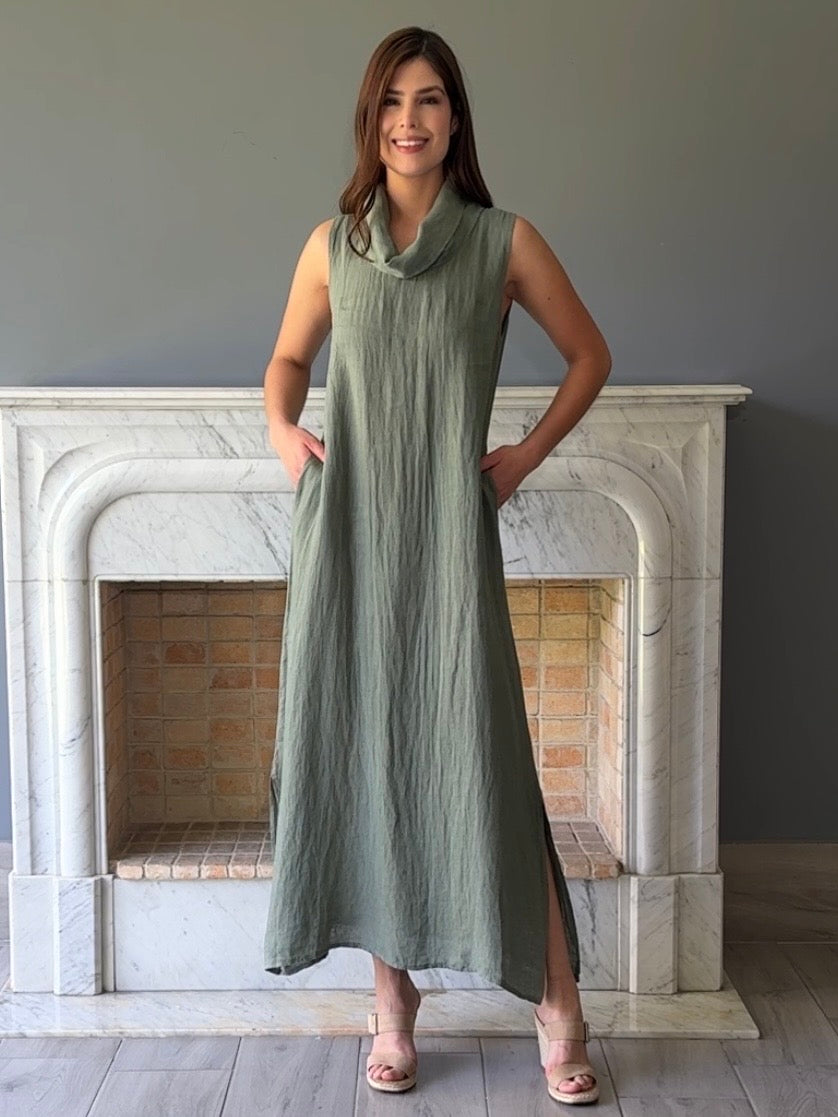 VESTIDO LARGO LINO VERDE 5001