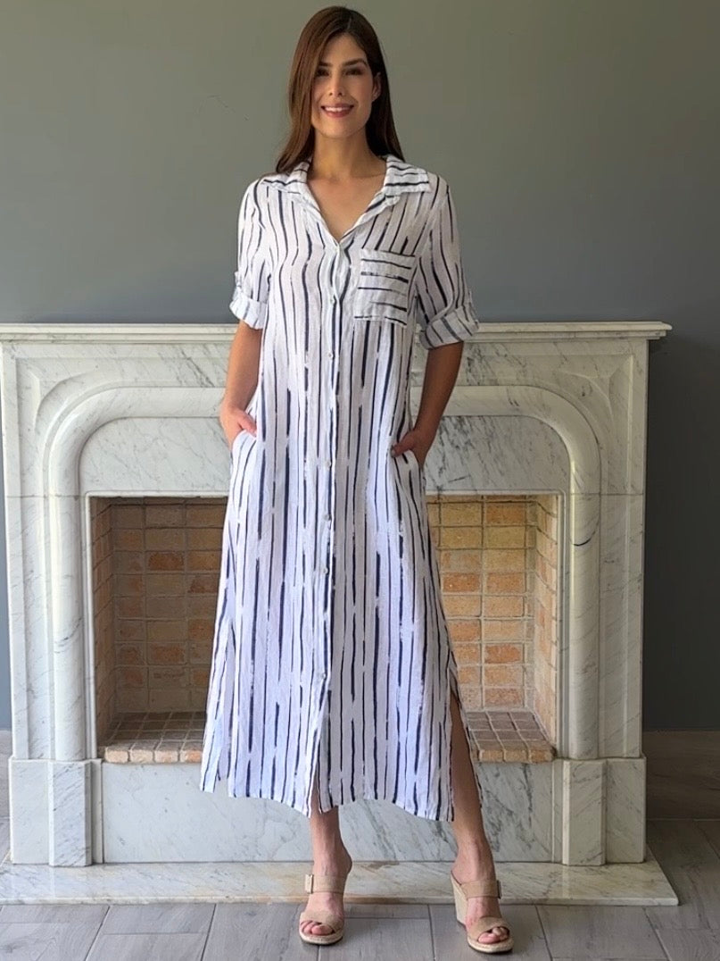 VESTIDO LINO CON RAYAS BLANCO 542