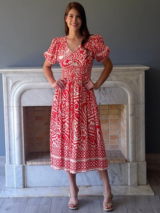 VESTIDO MIDI ROJO ESTAMPADO Y8188