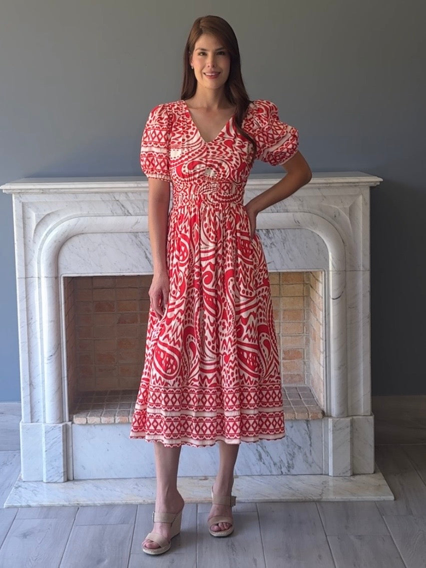 VESTIDO MIDI ROJO ESTAMPADO Y8188