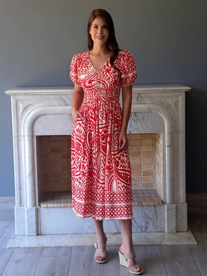 VESTIDO MIDI ROJO ESTAMPADO Y8188