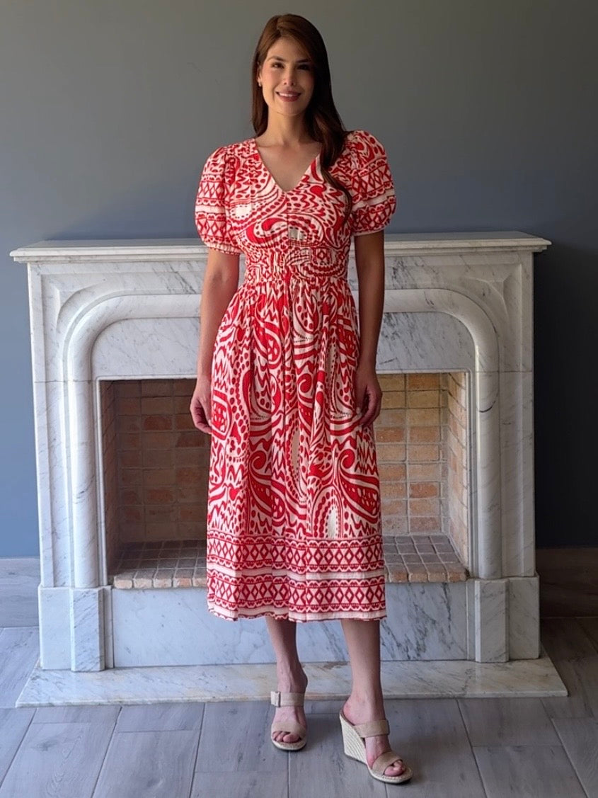 VESTIDO MIDI ROJO ESTAMPADO Y8188