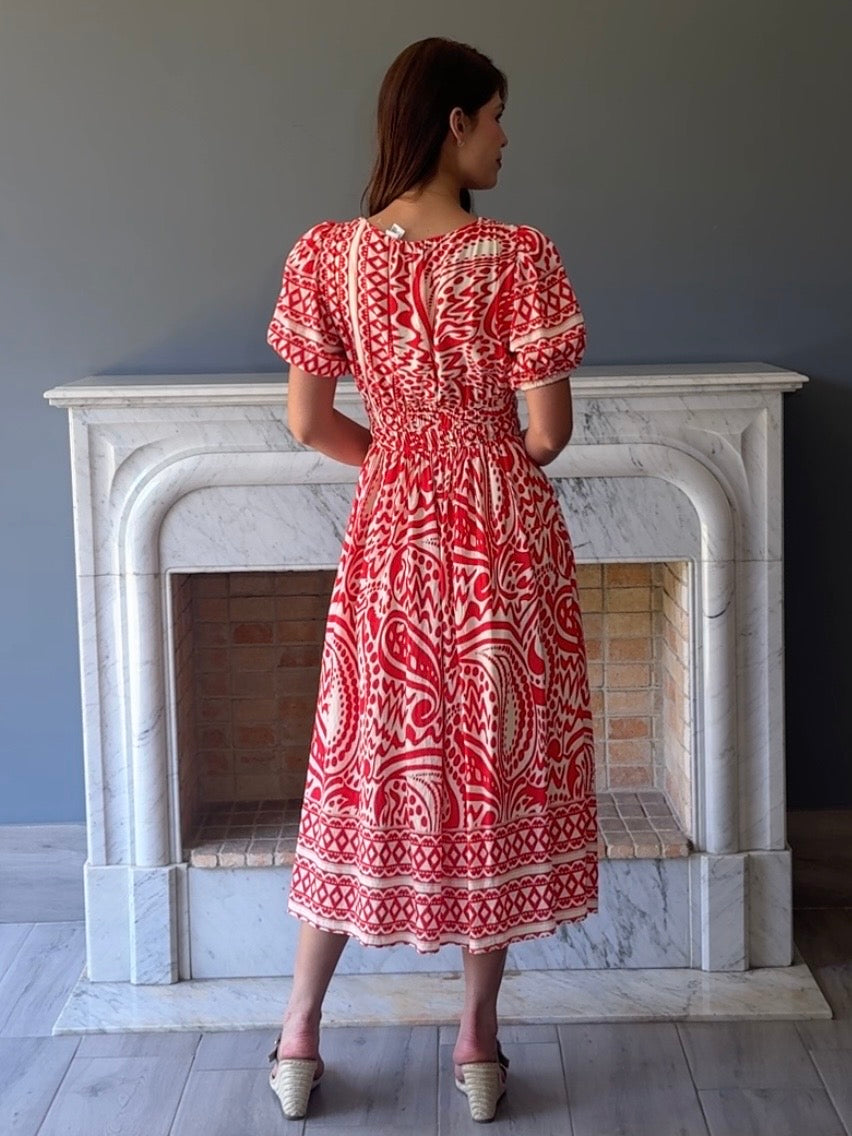 VESTIDO MIDI ROJO ESTAMPADO Y8188