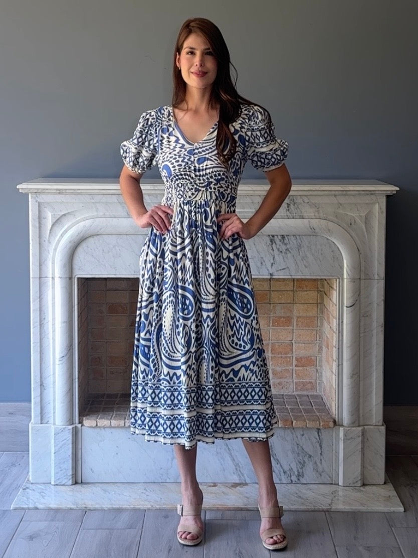 VESTIDO MIDI AZUL ESTAMPADO Y8188