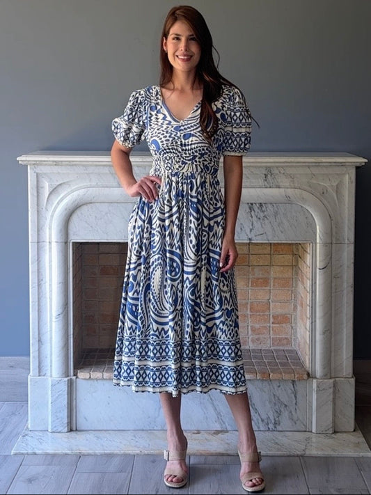 VESTIDO MIDI AZUL ESTAMPADO Y8188