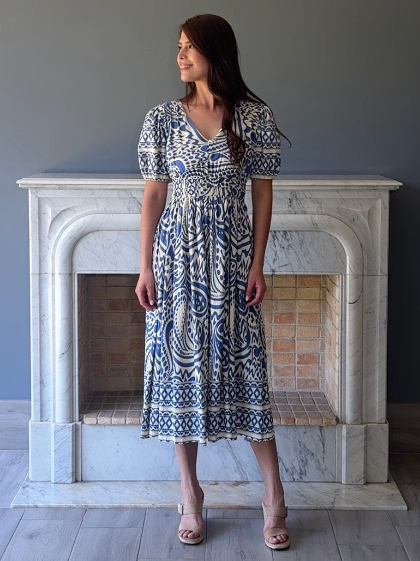 VESTIDO MIDI AZUL ESTAMPADO Y8188