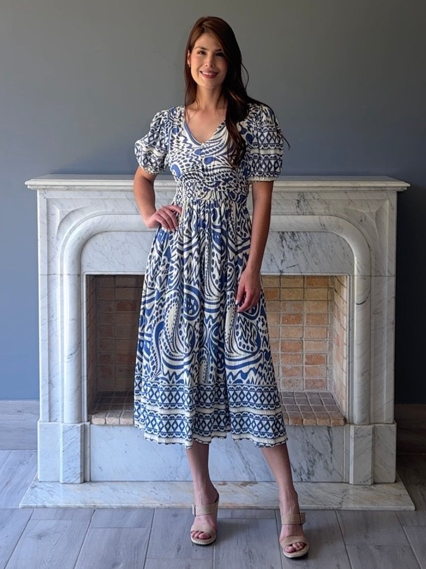 VESTIDO MIDI AZUL ESTAMPADO Y8188