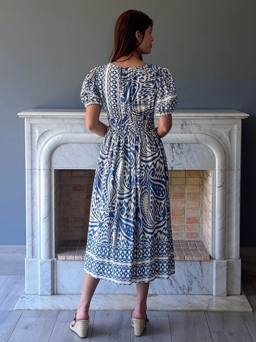VESTIDO MIDI AZUL ESTAMPADO Y8188