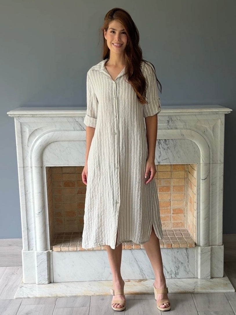 VESTIDO LINO RAYAS BEIGE 95L