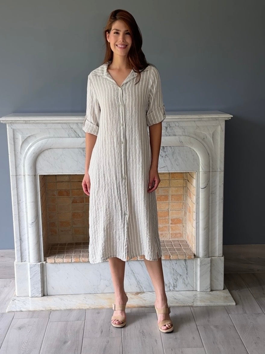 VESTIDO LINO RAYAS BEIGE 95L