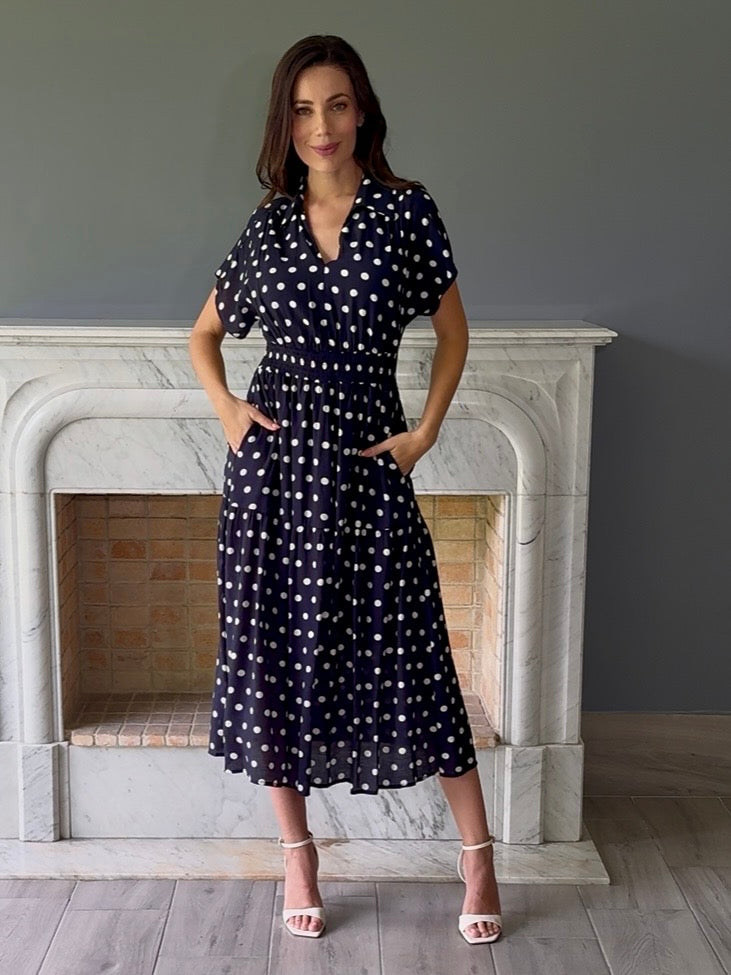 VESTIDO MARINO CON LUNARES T1134