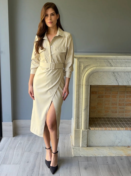 VESTIDO MIDI VINIPIEL BEIGE 50239