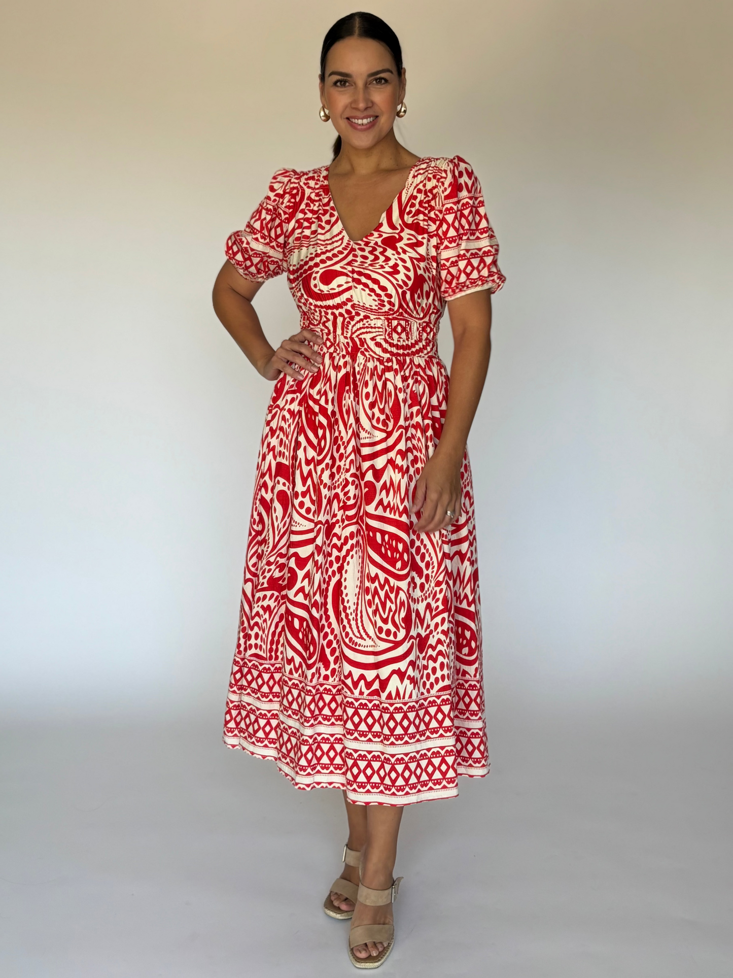 VESTIDO MIDI ROJO ESTAMPADO Y8188