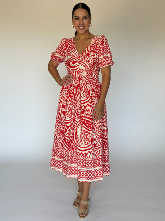 VESTIDO MIDI ROJO ESTAMPADO Y8188