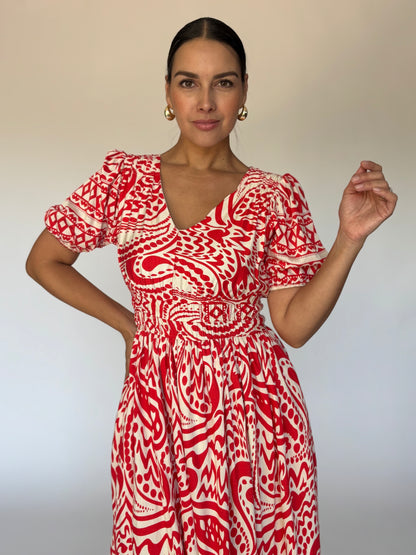 VESTIDO MIDI ROJO ESTAMPADO Y8188